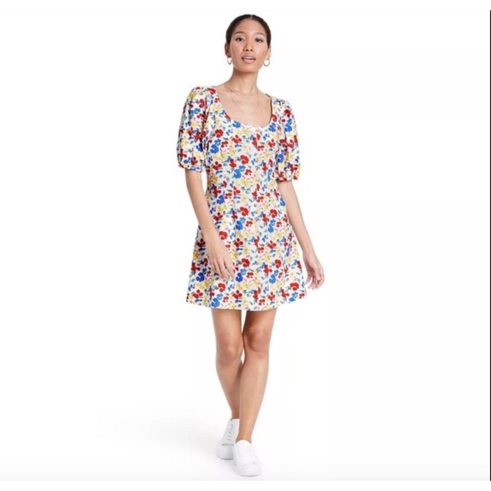 Rixo‎ for Target Floral Puff Sleeve Button Front Mini Dress White Red Blue Sz 12